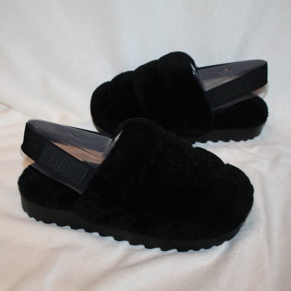 NIB UGG WOMEN'S FLUFF‎ SHEARLING SLIPPER SANDALS BLACK - Picture 6 of 10